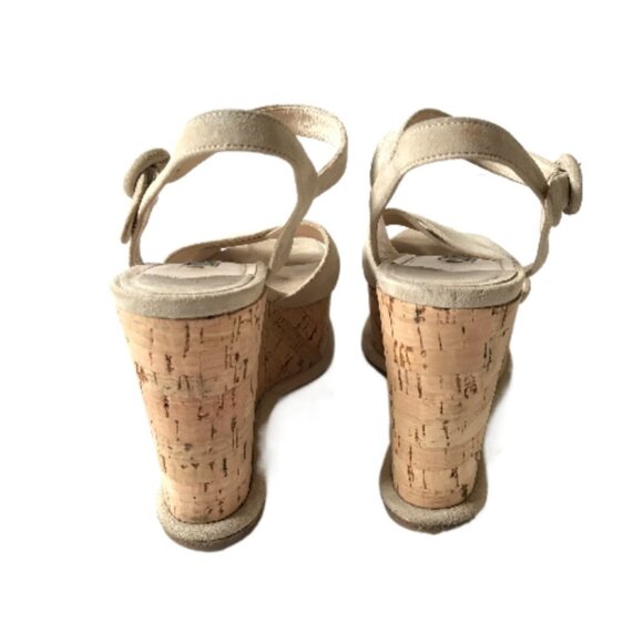 Prada Suede Cork Wedge Pomice Heels Sandals Womens 37 7 Cream Ecru Platform Shoe - Picture 6 of 11